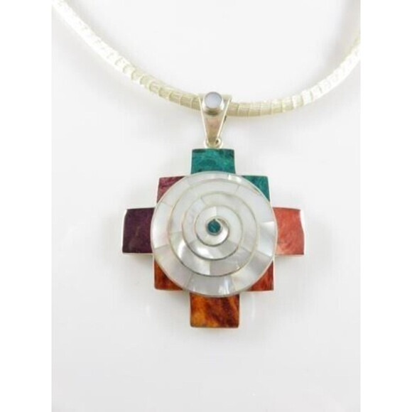 Sterling Silver Mesh Slide Necklace Southwestern Hardstone Geometric Pendant - Picture 2 of 10